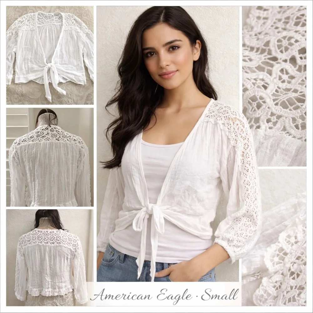 American Eagle White Lace Tie Front Shrug Boho Cropped Cardigan Small - Picture 2 of 10